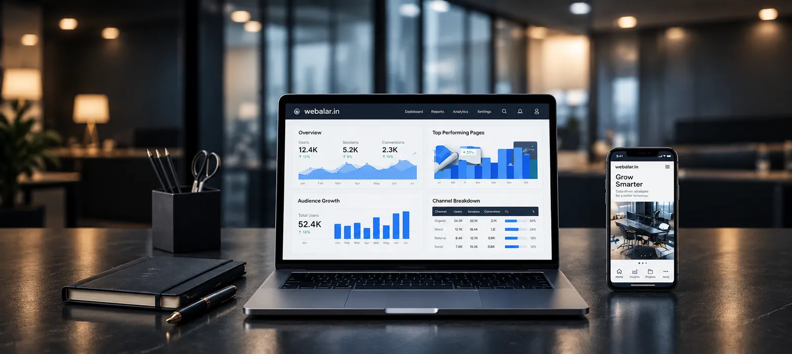 An analytics dashboard running on a laptop and a phone