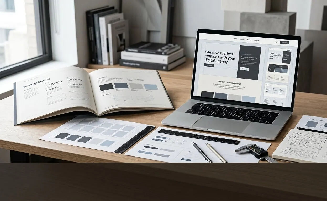 Brand guidelines and wireframes laid out beside a laptop