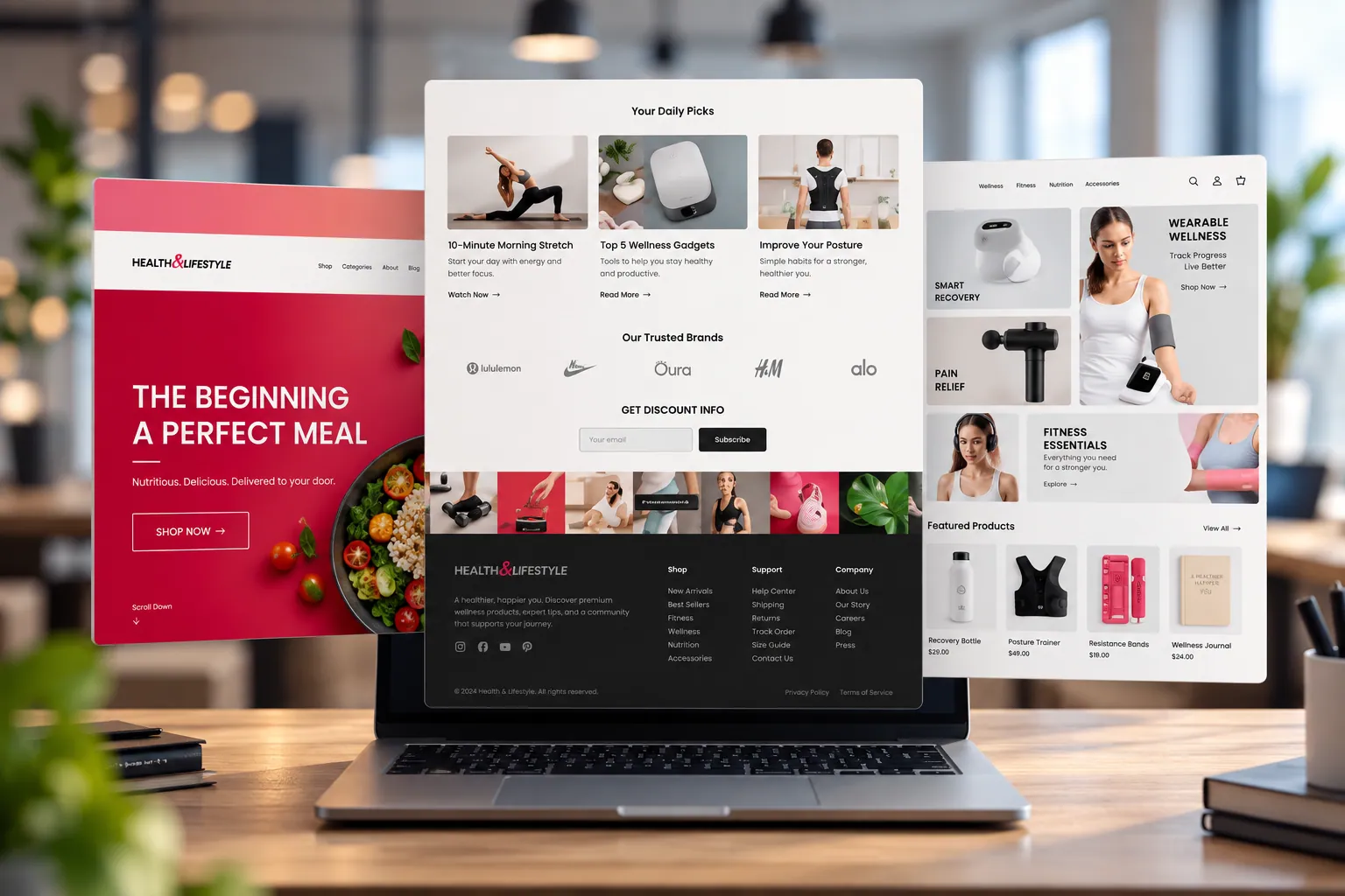 Health and lifestyle ecommerce pages shown on a laptop