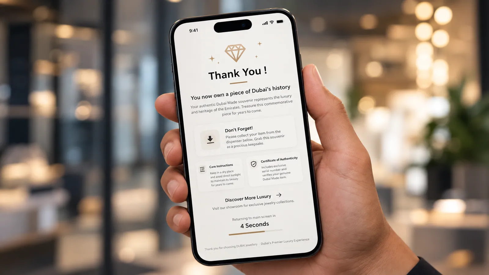 A luxury retail app confirmation screen on a phone
