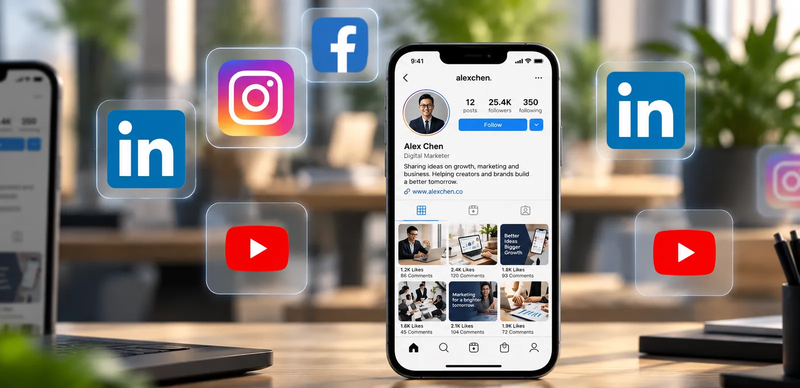 A social media profile on a phone surrounded by platform icons