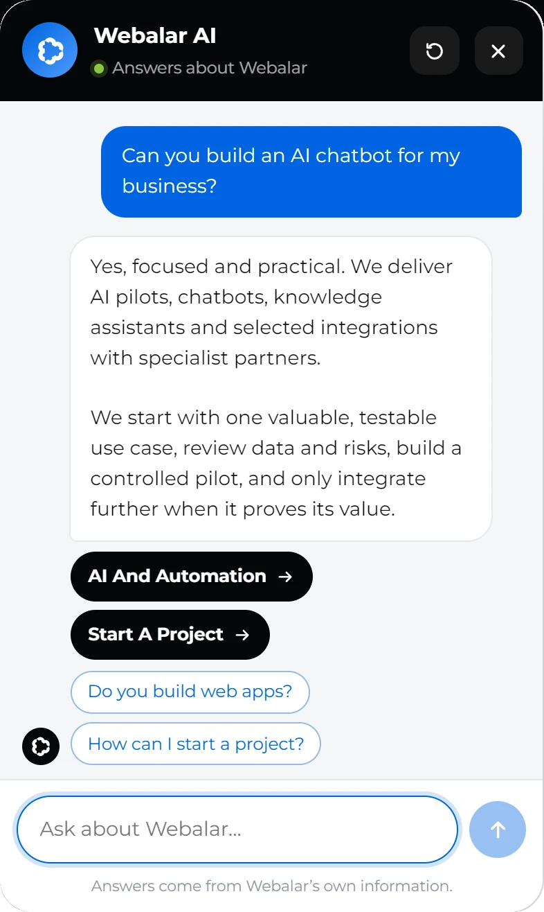 The Webalar AI assistant on this site answering a question about AI chatbots